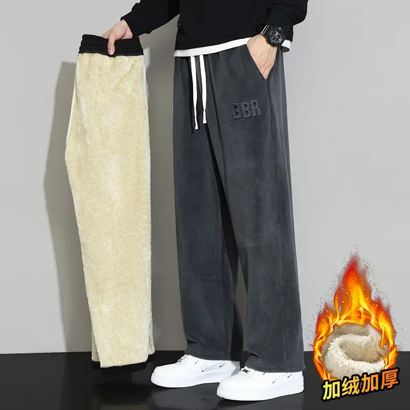 Winter Men's Fleece Embroidered Slacks Multifunctional Outdoor Windproof Cargo Pants Men's Warm Straight-leg Trousers