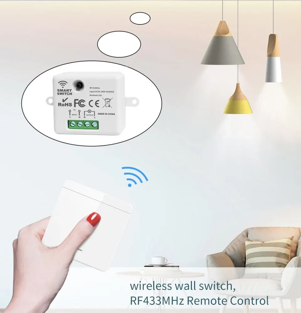 Description Picture 4 of itemRF 433MHz Smart Switch Wirless Light Switch Remote Control Relay Receiver for Led Lamp Fan AC 85-240V 10A Wall Panel DIY Module