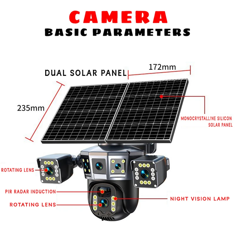 4G Solar Security Camera Outdoor Waterproof Wireless Three Lens Five screens Full Color Night Vision Motion Detection CCTV V360