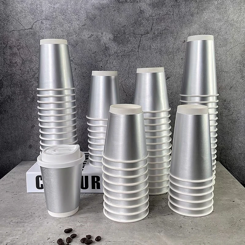 

Silver Paper Cup With Lid Disposable Coffee And Milk Tea Drinkware Double Layer Hollow Thickened Juice Beverage Packing Tool Cup