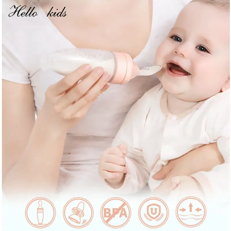 Baby Silicone Squeeze Feeding Bottle Baby Feeder With Spoon Food