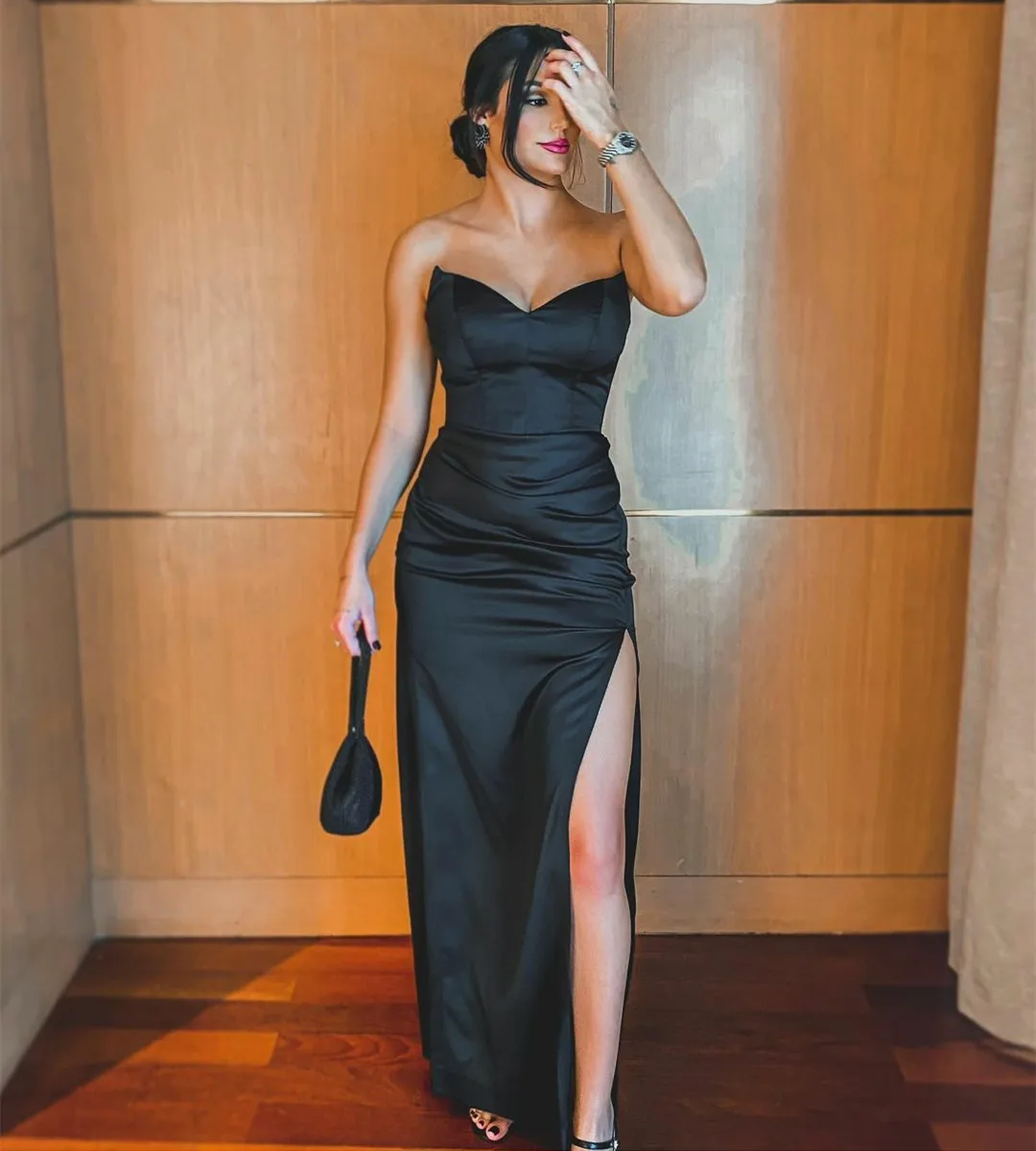 white evening gowns Simple Black Evening Dresses V-Neck With Slit A-Line Long Satin Custom Made فساتين السهرة Party Prom Gown for Women sexy evening dresses Evening Dresses