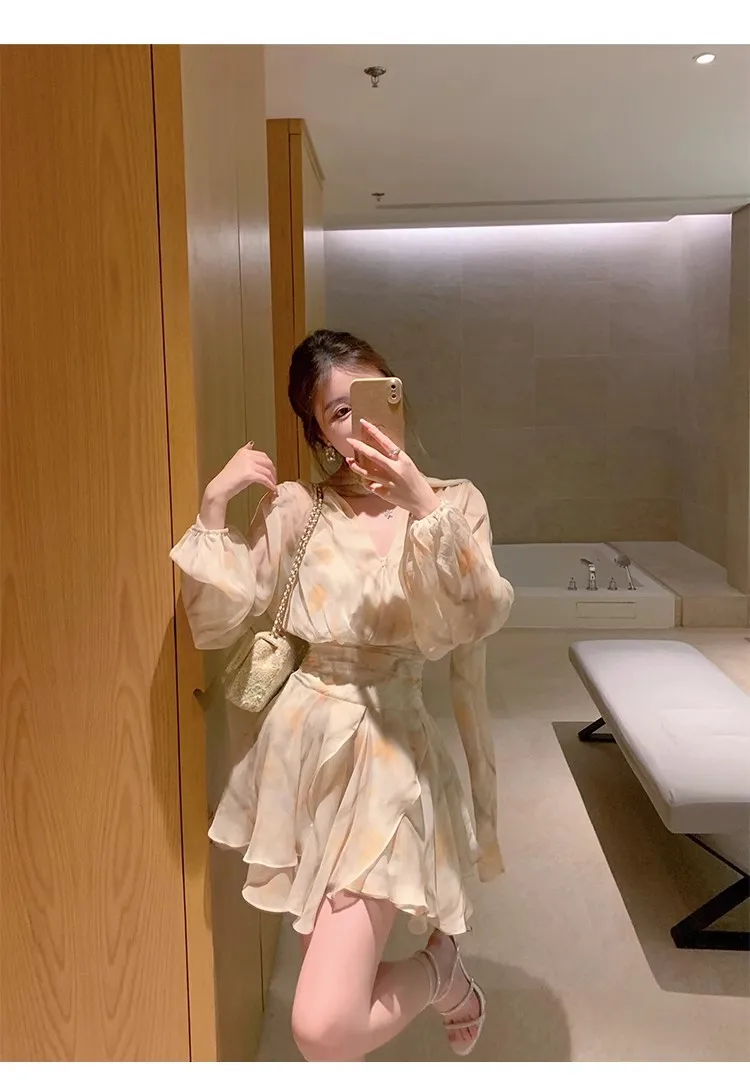 Elegant Chiffon Short Dresses for Women V-neck Lantern Sleeves Ruffles A-line Summer New Holiday Style Printed Vestidos Mujer