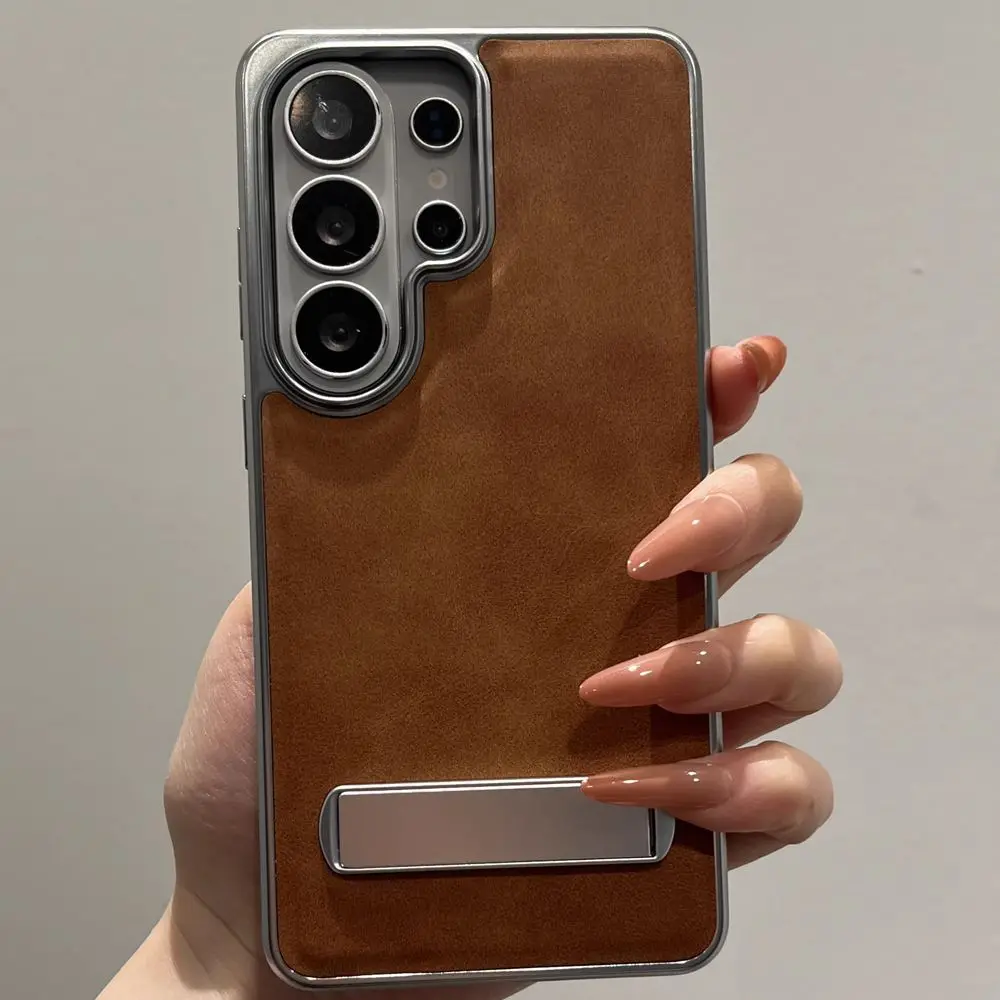 Ultra Plating Leather Foldable Metal Stand Shockproof Phone Case