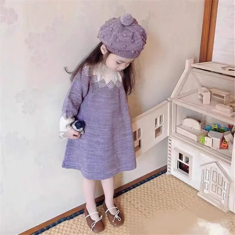 

Girls' Sweater Dress 2023 Autumn/Winter New Princess Dress Kindergarten Baby Color Block Knitted Skirt Trend