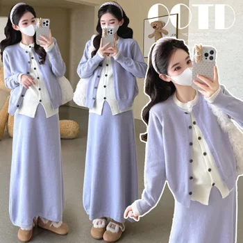 Maternity Outfit Spring Autumn Korean Casual Minimalist Elegant Versatile Fake Two Piece Sweater and Midi Skirt Two Piece Set