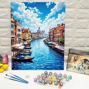 Kit Pittura a Olio Digitale Fai da Te con Numeri per Adulti, Paesaggio con Barca e Casa sul Fiume, Disegno su Tela, Decorazione Murale per Soggiorno