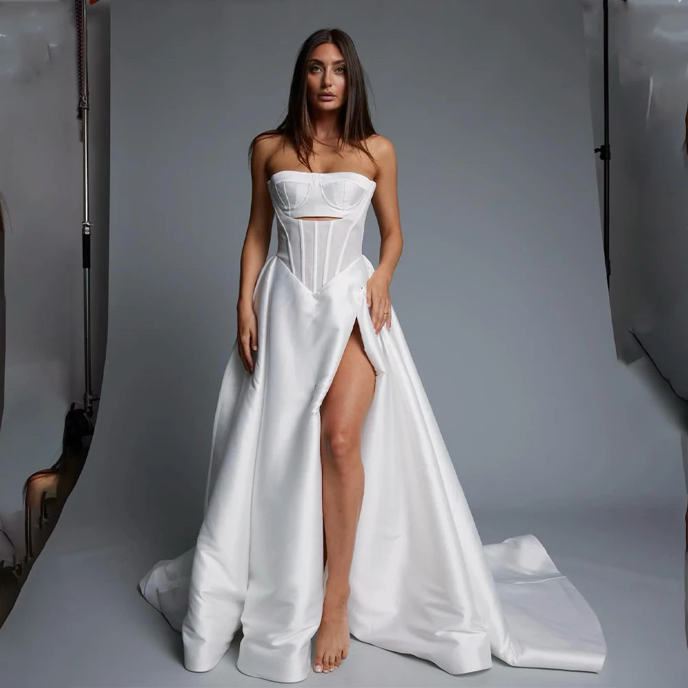 

High Quality Straless Satin Born Bodice Wedding Dresses Side Slit 2024 Custom Made Rode De Morrie