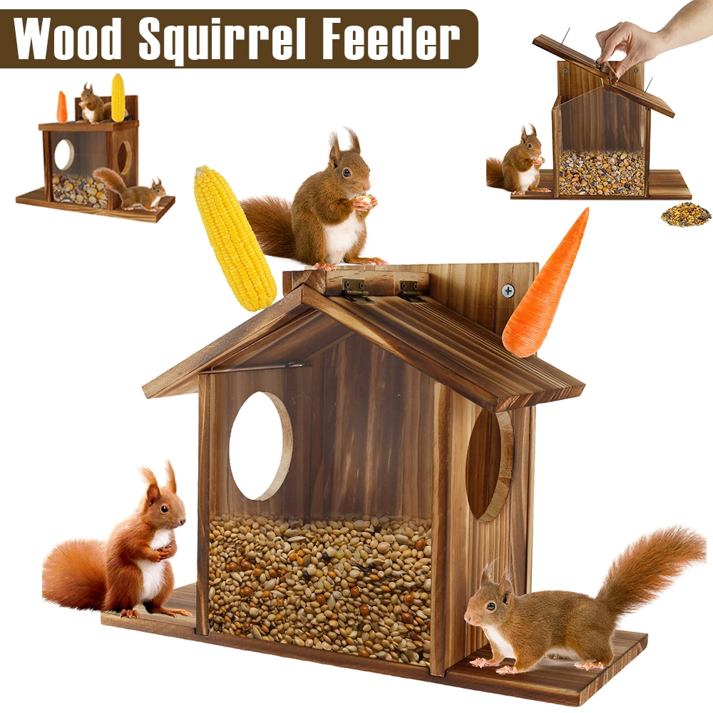 Wood Squirrel Feeder Large Capacity Squirrel Feeder House with Extended Bottom Outdoor Hanging Animal Garden Decoration