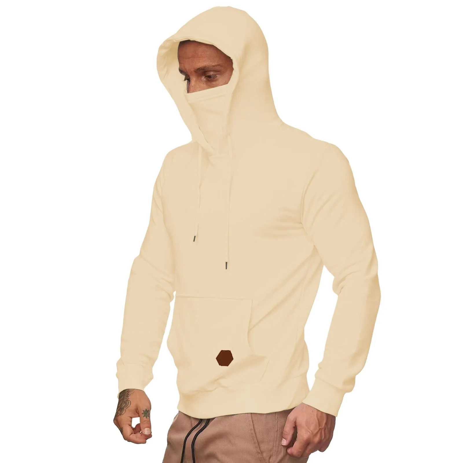 Men Y2k Hooded Sweatshirt Harajuku Mask Solid Color Hooded Drawstring Pocket Hoodie Spring Autumn Ninja Style Fitness Pullover