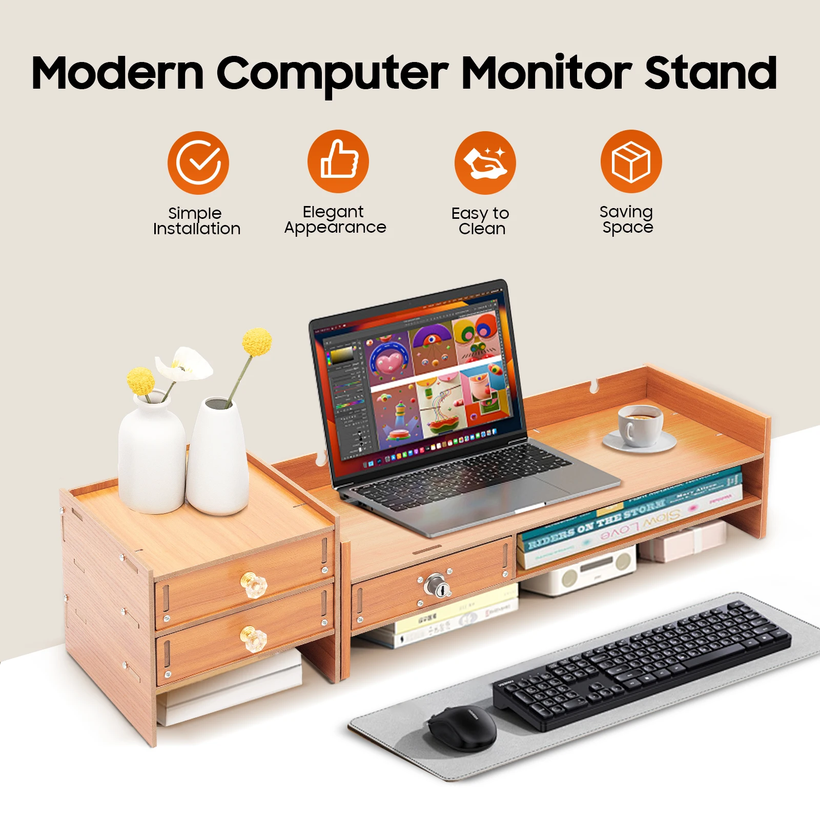 48×20×13.5cm MDF Computer Monitor Stand, Wood Color Modern Tabletop Desk Organizer with Side Drawer, 5kg Max Load, for Office Study Monitor Notebook Storage