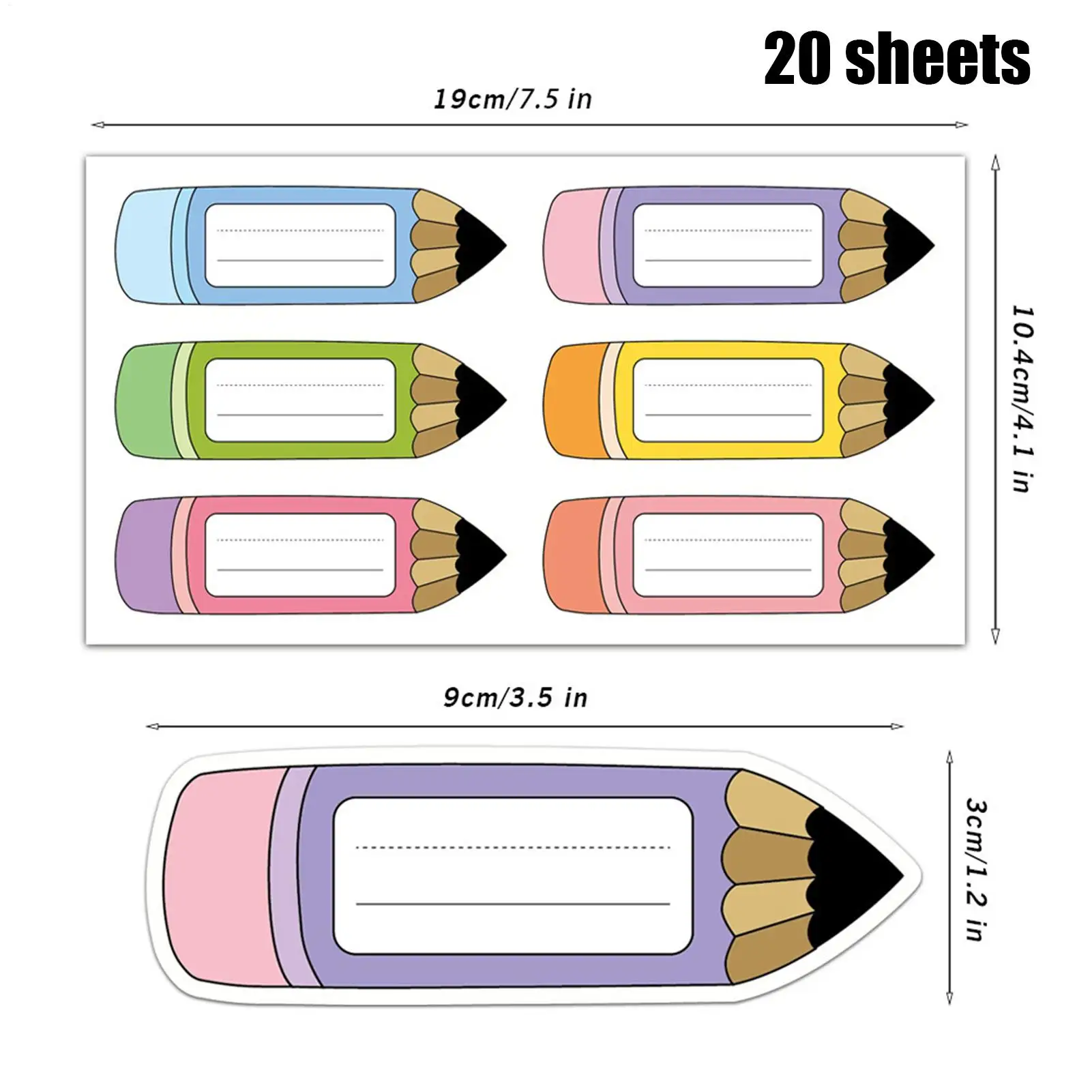 20장/120개 연필 모양 이름표 3.5x1.2인치 어린이를 위한 귀여운 접착 라벨 학교 유치원 어린이집