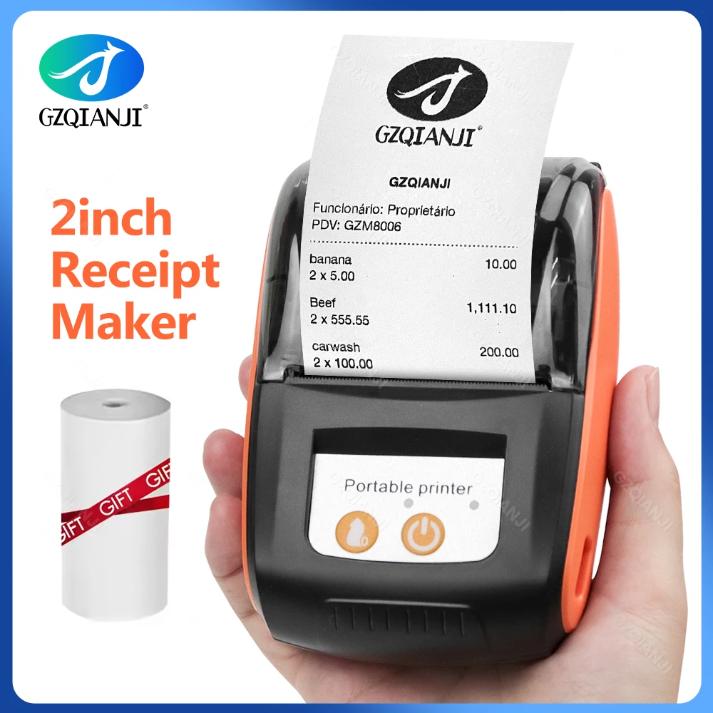58mm Mini Receipt Bill Printer Thermal Printing Wireless Mobile Bluetooth Maker Compatible with Android/iOS/Windows System