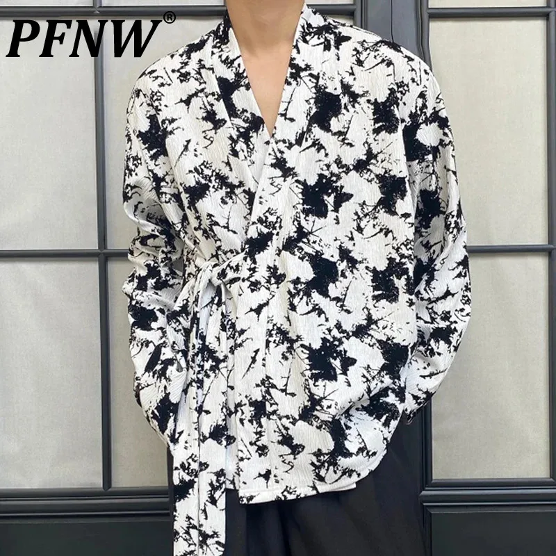 

Рубашка PFNW Мужская флокированная, винтажная блуза контрастных цветов на шнуровке, свободная одежда в китайском стиле, весна 9C4568