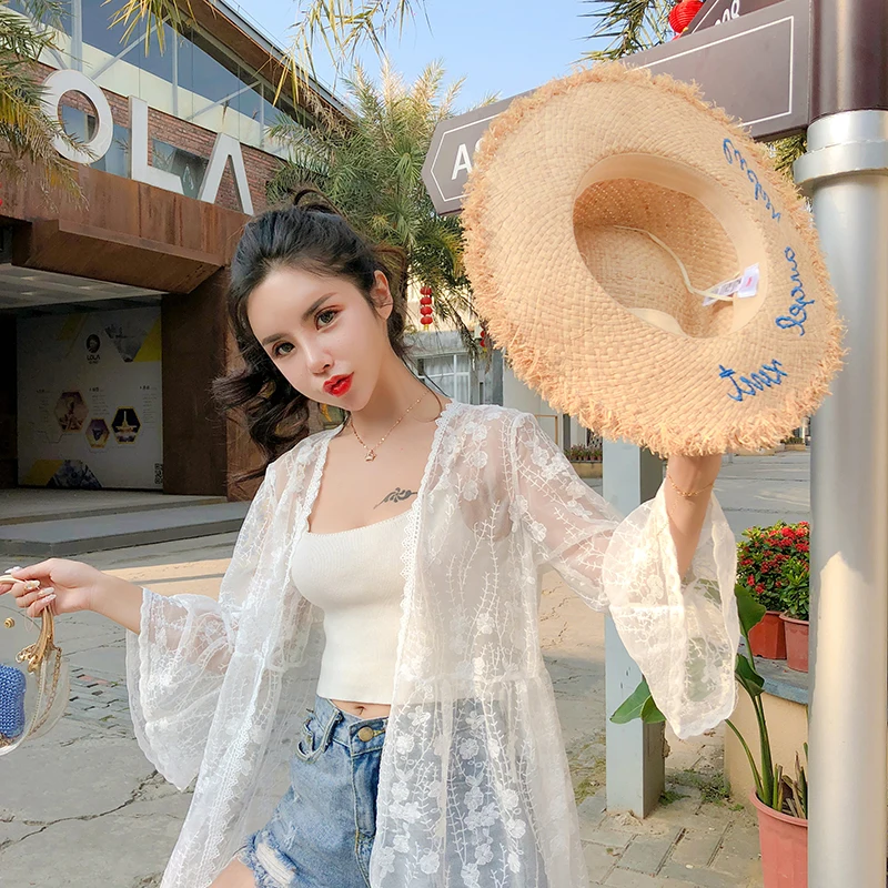 2022 플레어 소매 레이스 가디건, 얇은 자외선 차단 겉옷, 여성 올 매치 홀리데이 미디 길이 숄, 여름 해변 스타일