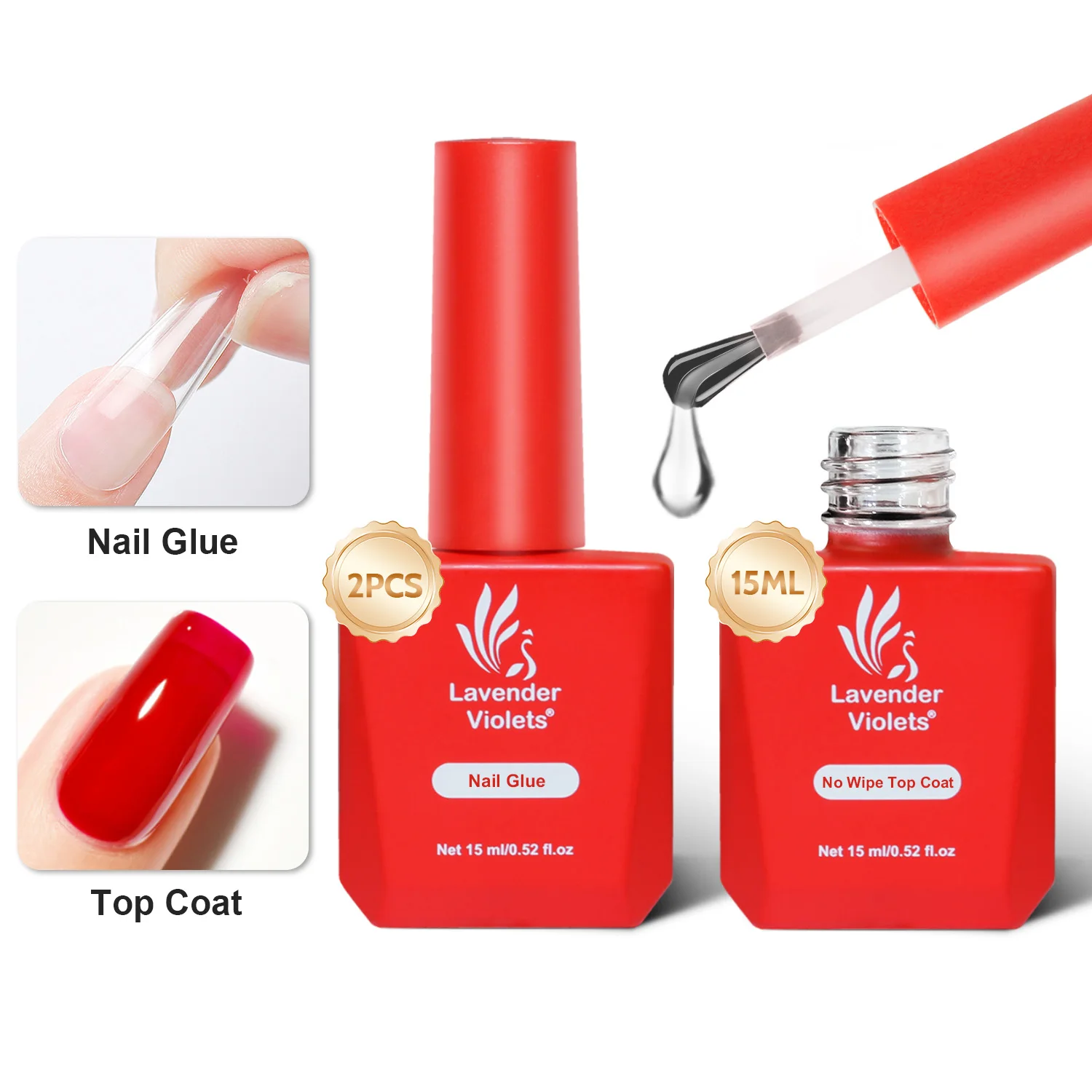 2pcs 15ml Nail Glue & No Wipe Top Coat, Glossy Effect Long Lasting Soak Off Cure Needed Gel Nail Polish for Starter Manicure