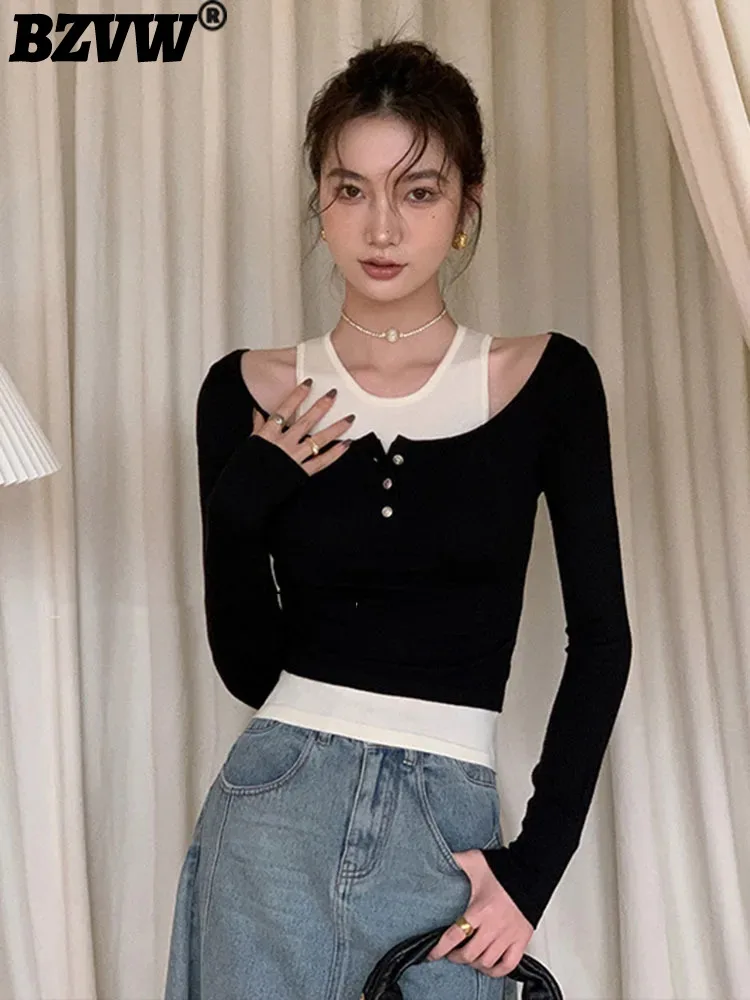 

BZVW Off Shoulder Hollow Out 2 Two Piece Spliced Contrast Color Knitted T-shirt For Women 2023 Spring Autumn New Tops 25X3864