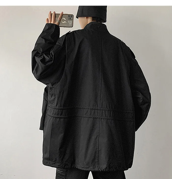 jeans jacket for men Pocket Zipper Ribbon Jacket Coats Men Loose Oversized Windbreaker Coat Hip Hop Streetwear Casual Outwear Black jackets