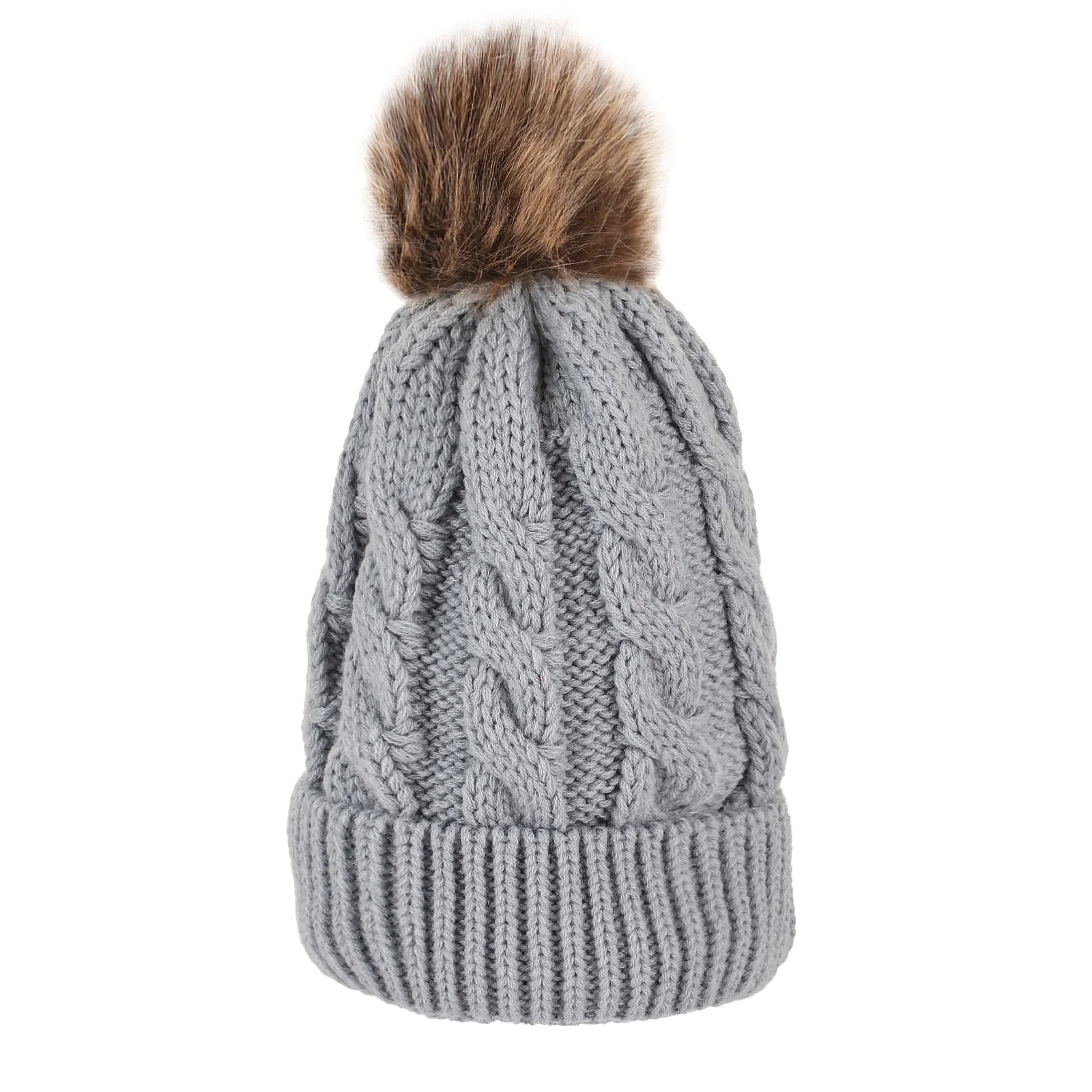 1PC Women's Winter Knitted Beanie Hats With Faux Fur Pom Pom Autumn Winter Warm Cable Knit Skullies Multi-Color Fashion Headwear