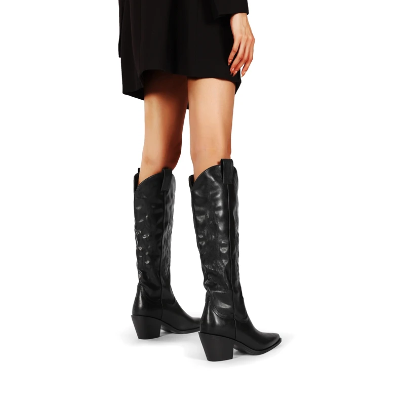 Women's Western Mid calf Pointed Head Large Denim Embroidered Flame High Heels Over Knee Gothic Boots
