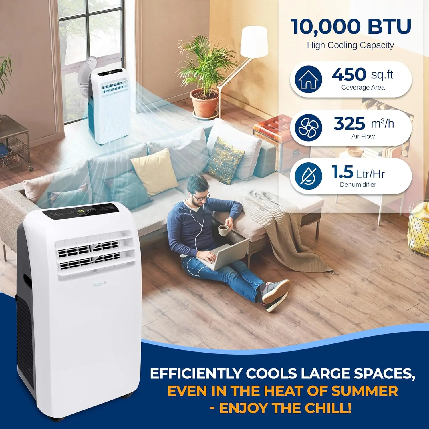 Air Conditioner Portable 10,000BTU with Built-in Dehumidifier+Heat-Portable AC unit for rooms up to 450 sq ft-Remote Control