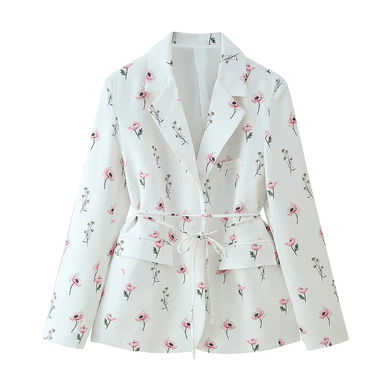 Women's Floral Printed Office Wear Blazer Coat Long Sleeve Flap Pockets Lace-up Blazers Jackets Female Outerwear Chic Tops