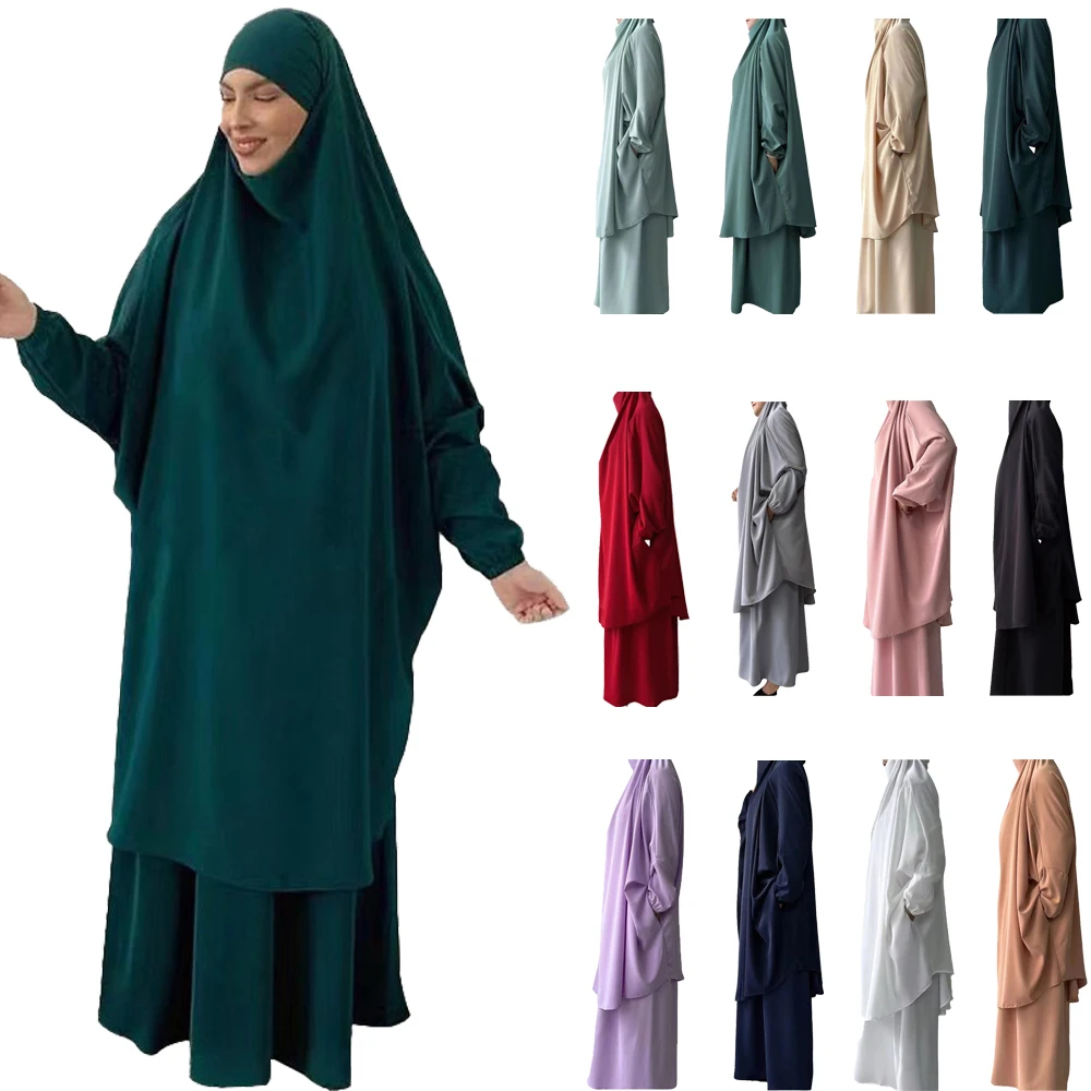 Eid Con Cappuccio Donne Musulmane Veste Lungo Khimar Hijab Vestito Set 2 Pezzi Preghiera Indumento Abaya Ramadan Abito Set Islamico Niqab