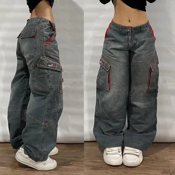 Street Vintage Jeans New Y2K Harajuku Wash Blue Multiple pockets Baggy Jeans Denim Pants Mens Womens High Waist Wide Trousers
