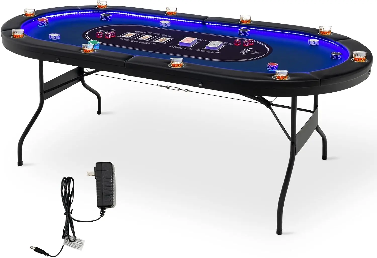 10 Players Poker Table with Cup Holder, Folding Casino Leisure Table with 4 USB Ports, Extra Lights, Easy to Assemble, Foldable