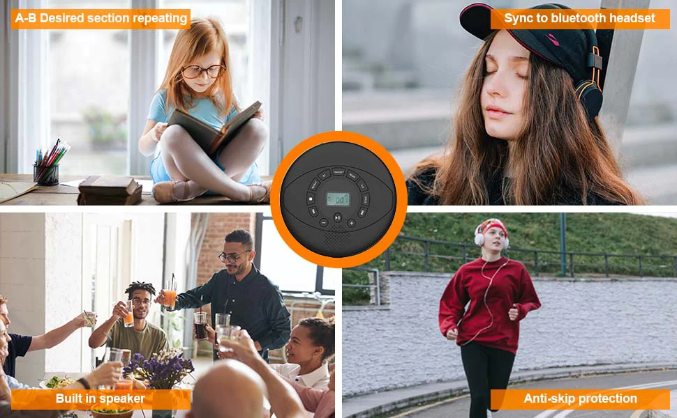Portable CD Player Bluetooth CD Walkman Built in Speakers Rechargeable CD Player  with USB/AUX/Headphone Port