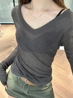 Women Long Sleeve T Shirt Thin Perspective Summer Solid Slim Casual Shirts Female Pullovers Basic Tee Y2k Clothes Streetwear Top 3