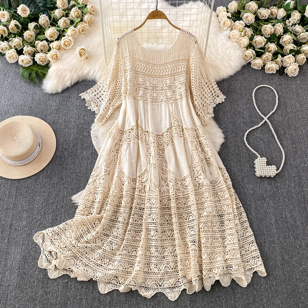 Spring Summer Hollow Out Crochet Knitted Dress Round Neck Half Sleeve Loose  A-Line Big Swing Mid-length Dress - AliExpress 200000345
