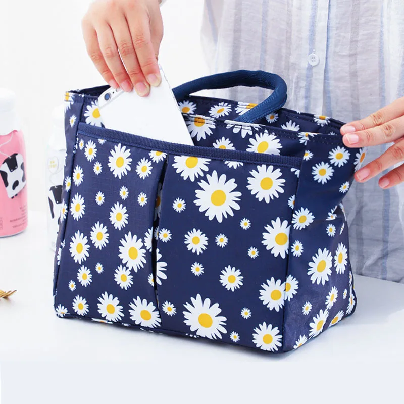 Daisy Print Lunch Bag, Portable Insulated Lunch Box Storage Bag For Outdoor