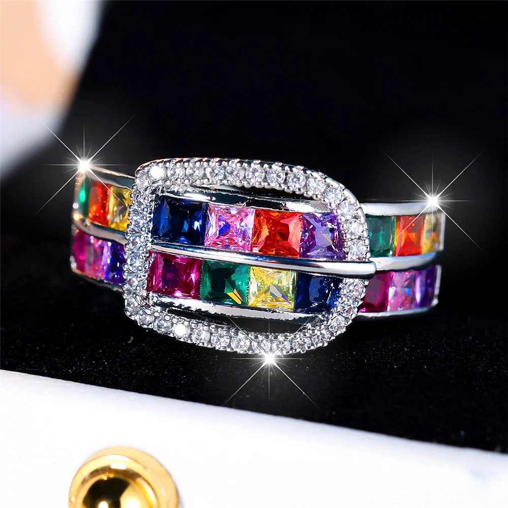2025 Fashion Style Cute rainbow square artificial zirconium photos ladies wedding jewelry_voghion.com