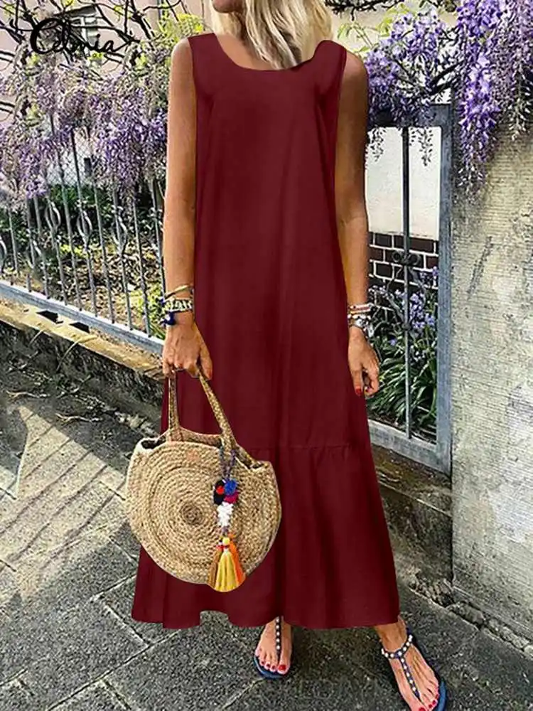 

Vintage Cotton Ruffle Casual Loose Sleeveless Party Thin Tank Top Celmia Women Maxi Dress 2023 Summer Fashion Maxi Tank Top