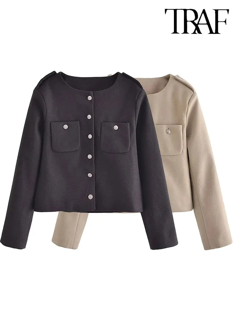 

TRAF Cropped Jacket Women Long Sleeve Short Coats For Women 2023 Autumn Winter Button Jacket Woman Outerwears