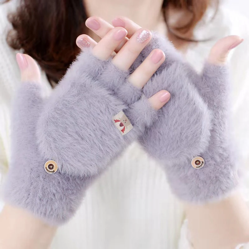Winter Women Half-finger Flip-top Gloves Student Cute Girl Cartoon Warm Comfortable Soft Stylish Thick Knitting Mittens
