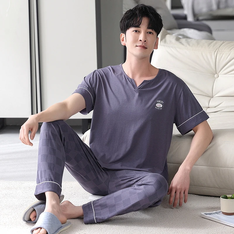 

Комплект пижамный мужской из 2 предметов, клетчатые длинные брюки и топ с коротким рукавом, модал, домашний костюм, свободная ночная рубашка, 5XL