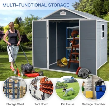 Abri de rangement extérieur en résine 6x8 pieds – Idéal pour le rangement de meubles de patio, couleur grise 1