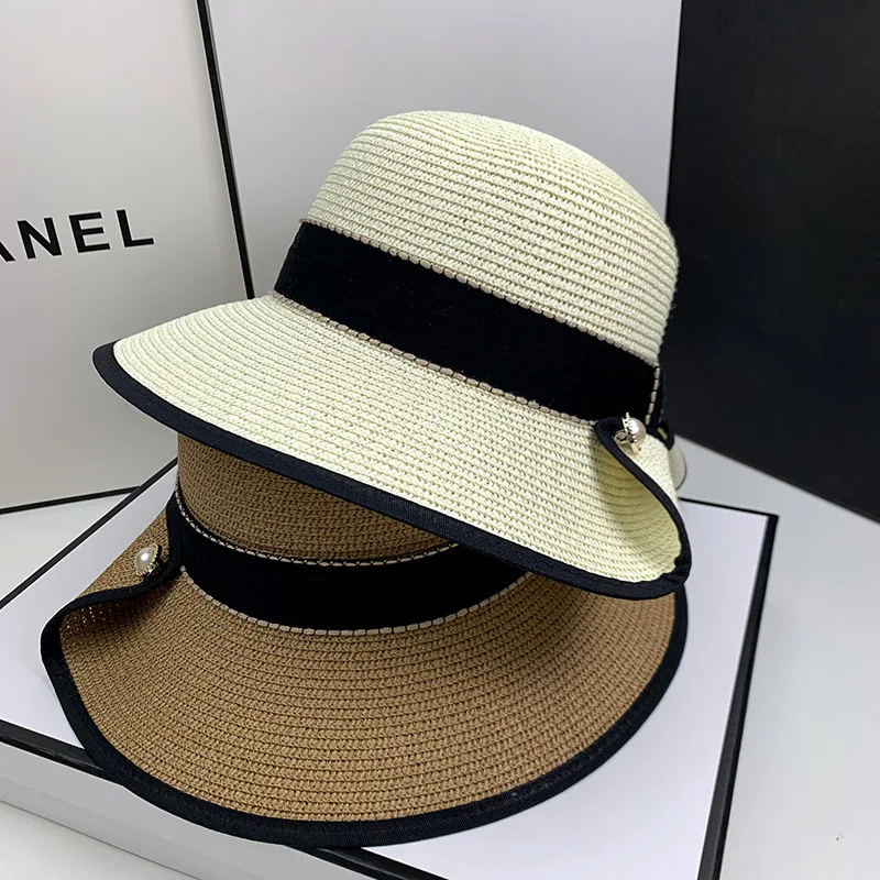 

2023 Women Korean Pearl Sunscreen Straw Hat Fashion Versatile Big Brim Beach Outdoor Sunshade Bucket Cap Gorras Para Mujer