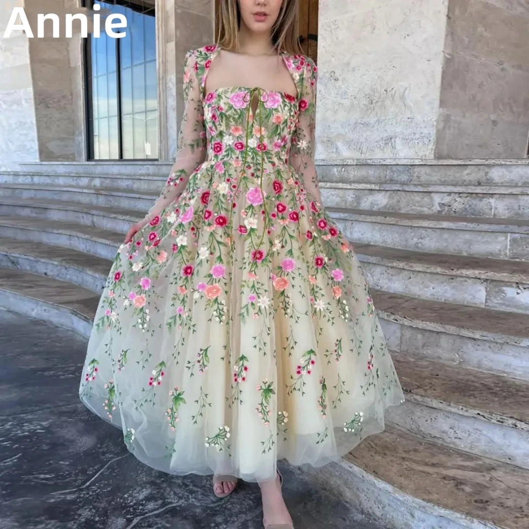 

Annie Elegant Floral Prom Dresses Long Sleeves Lace Appliqué Evening Dress Vestidos De Noche A-shaped Flowers Formal Party Dress