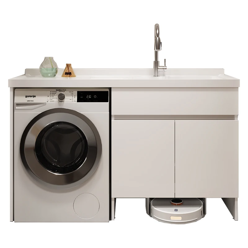 Stainless steel balcony laundry cabinet sweeping robot drum washing machine cabinet combination integrated basin laundry pool