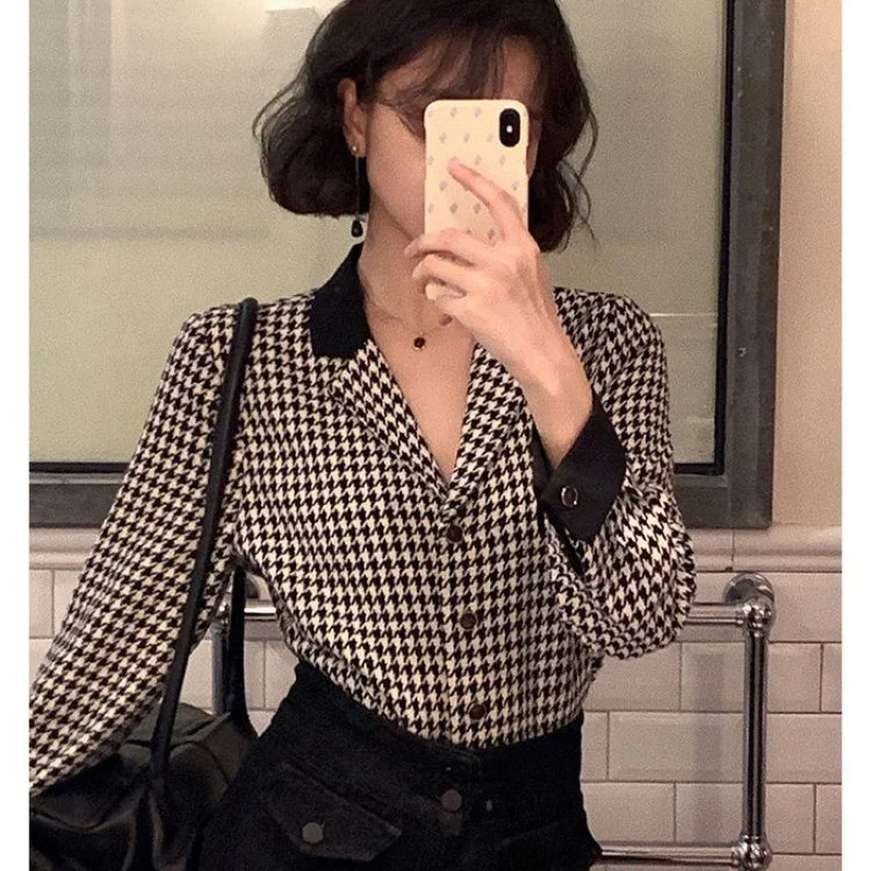 Hong Kong Style Retro Chiffon Houndstooth Pure Desire Style Shirt Women's Long Sleeve Autumn Clothes Outerwear French Minority C summer new korean edition ins hong kong style retro fragmented flower thin couple shirt top loose short sleeve shirt men s trend