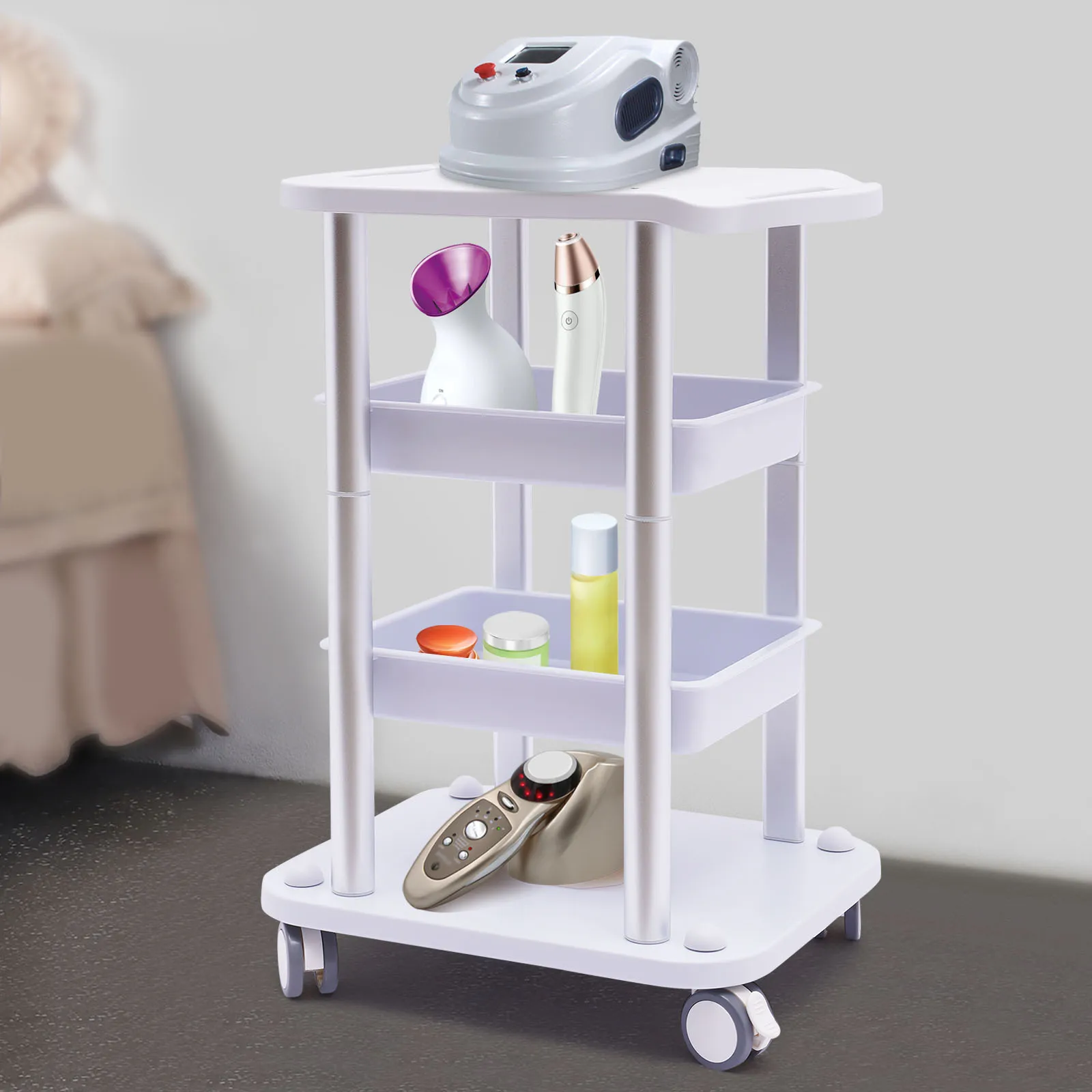 Facial Trolley Beauty Salon Cart 4 Layers Tray Sliver Colour Frame with Silver Wheels