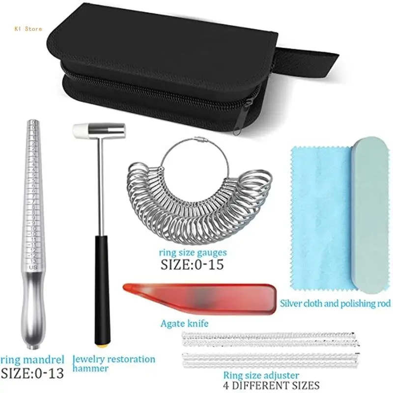Ring Size Measuring Tool Set with Ring Mandrel Ring Gauge with Polishing Cloth