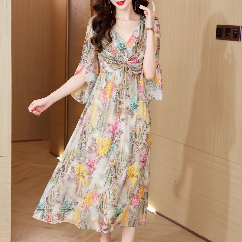 

2023 New Fashion Silk Printed Dress Women's Summer Versatile V-neck 7/4 Sleeve Loose Fit Casual Holiday Dress Vestidos