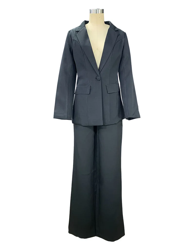 Hot Sell Slim Casual Office Lady Pant Suits Two Pieces Sets Solid Color Blazer And High Waist Wide Leg Pants New Fashion Set