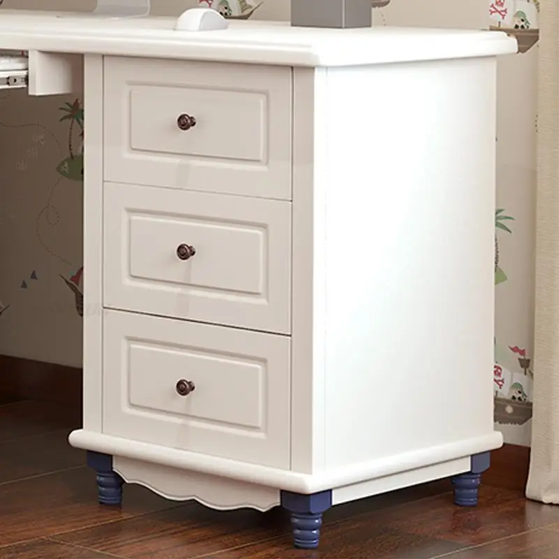 Modern Desk And Chair For Children Rectangle Wooden Computer Table With Three Drawers And Bookcase Boy Kids White Study Desk