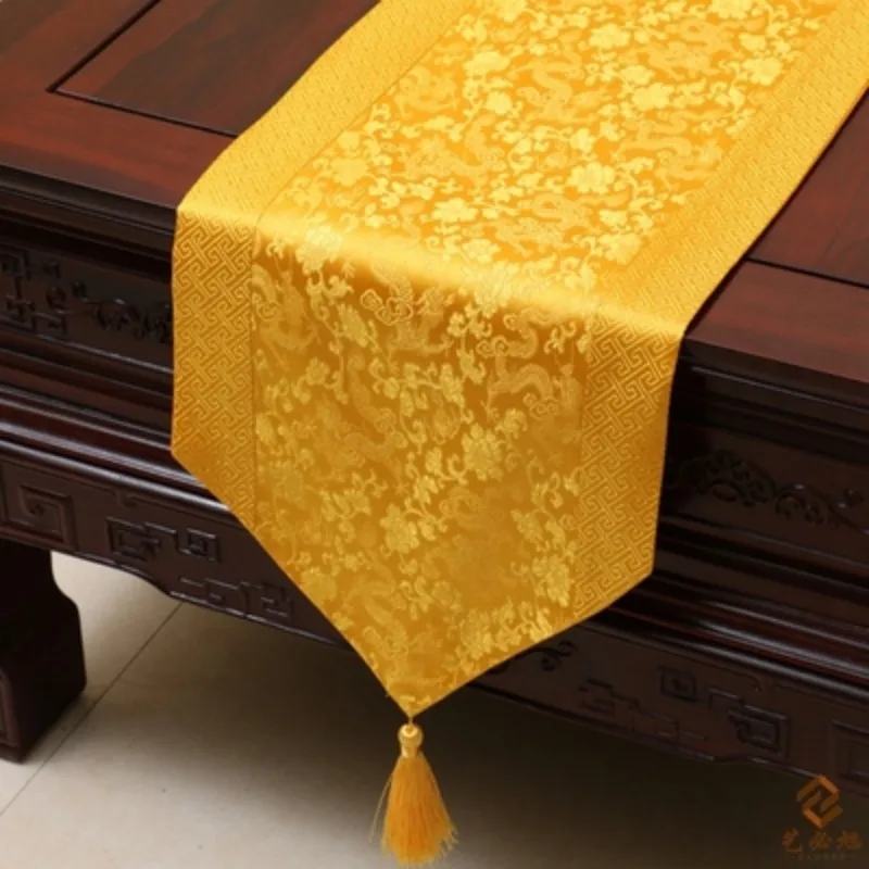 Chinese Traditional Satin Table Runner Floral Dragon Phoenix Pattern Luxury Wedding Decor Tassel Lace Table Cover Centerpiece table cloth,linen table runner