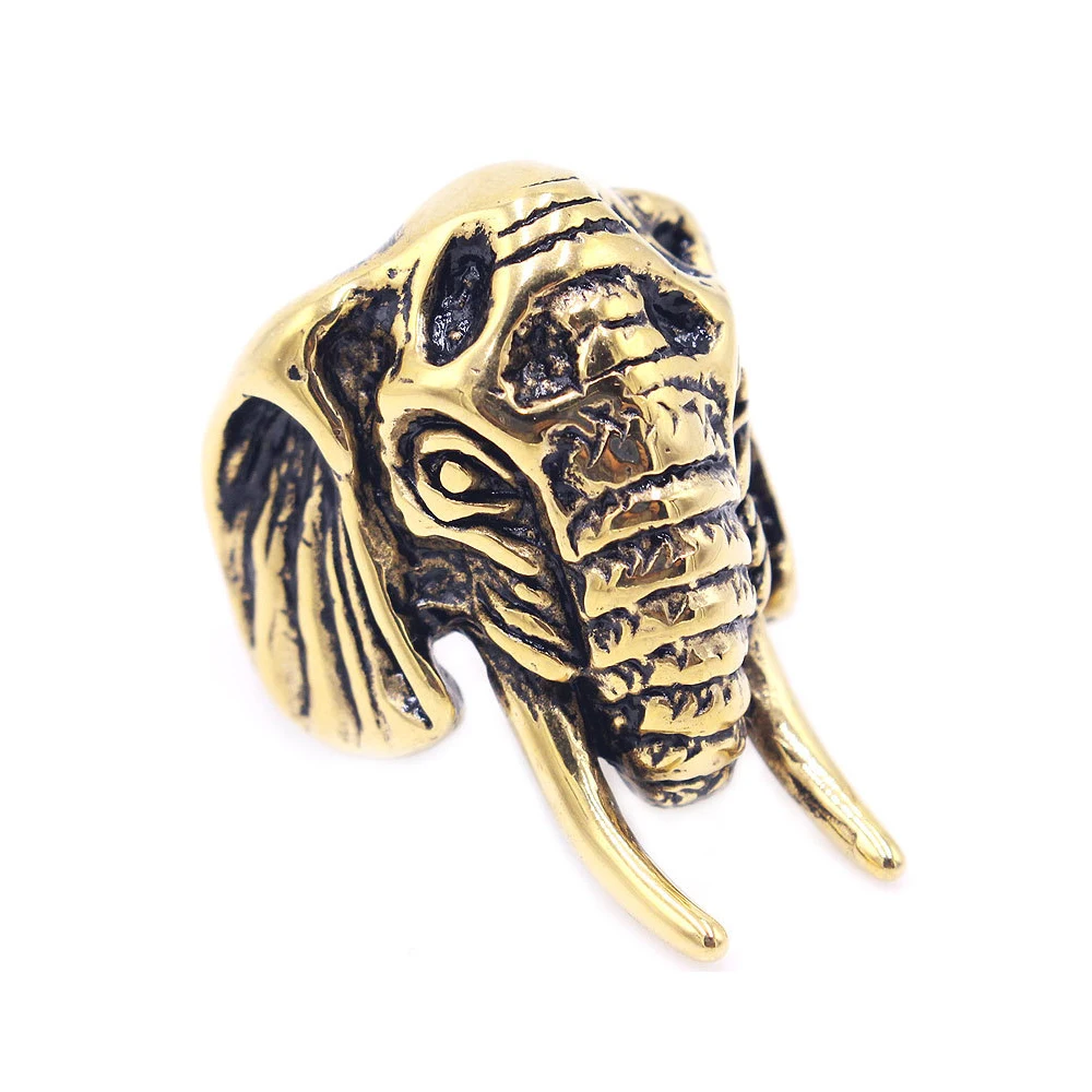 PAMTIER Men's Hindu Elephant Ring – Stainless Steel, Gold Black Finish, Vintage Gothic Tribal Design, Biker Style Band - View #5